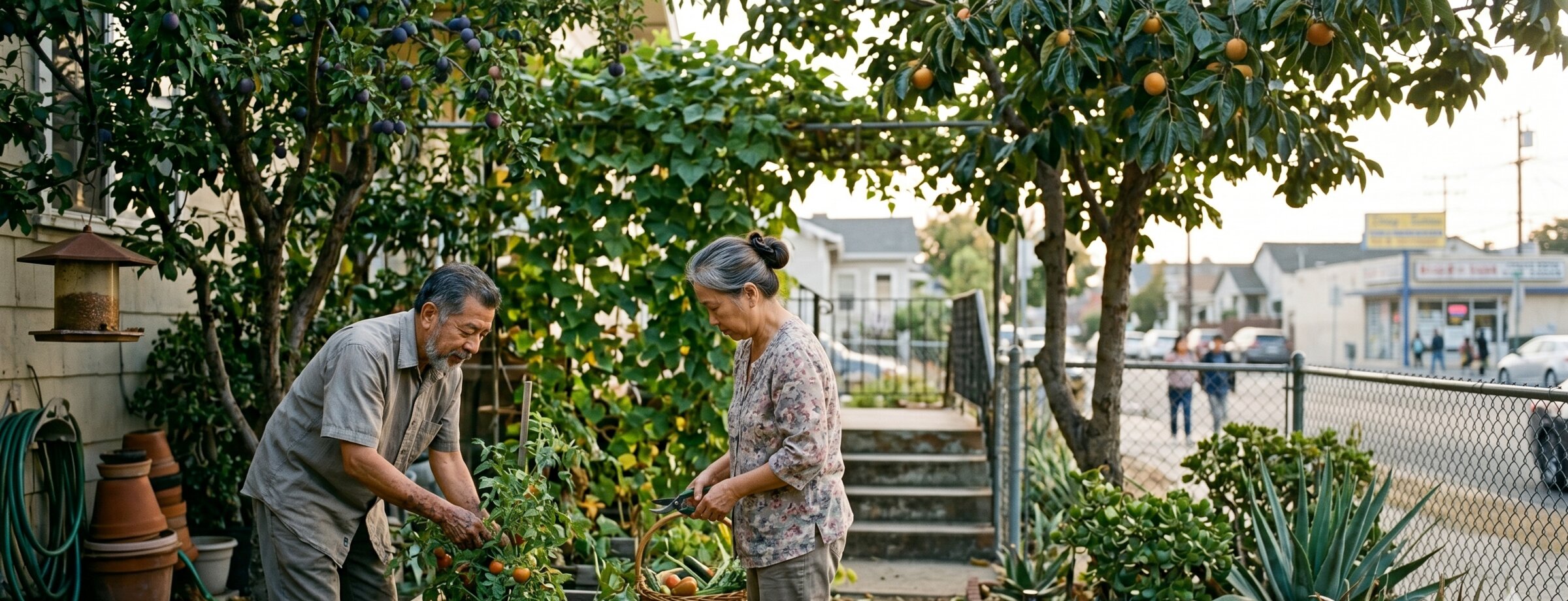 Roy and Linda Tran in their backyard, late afternoon
