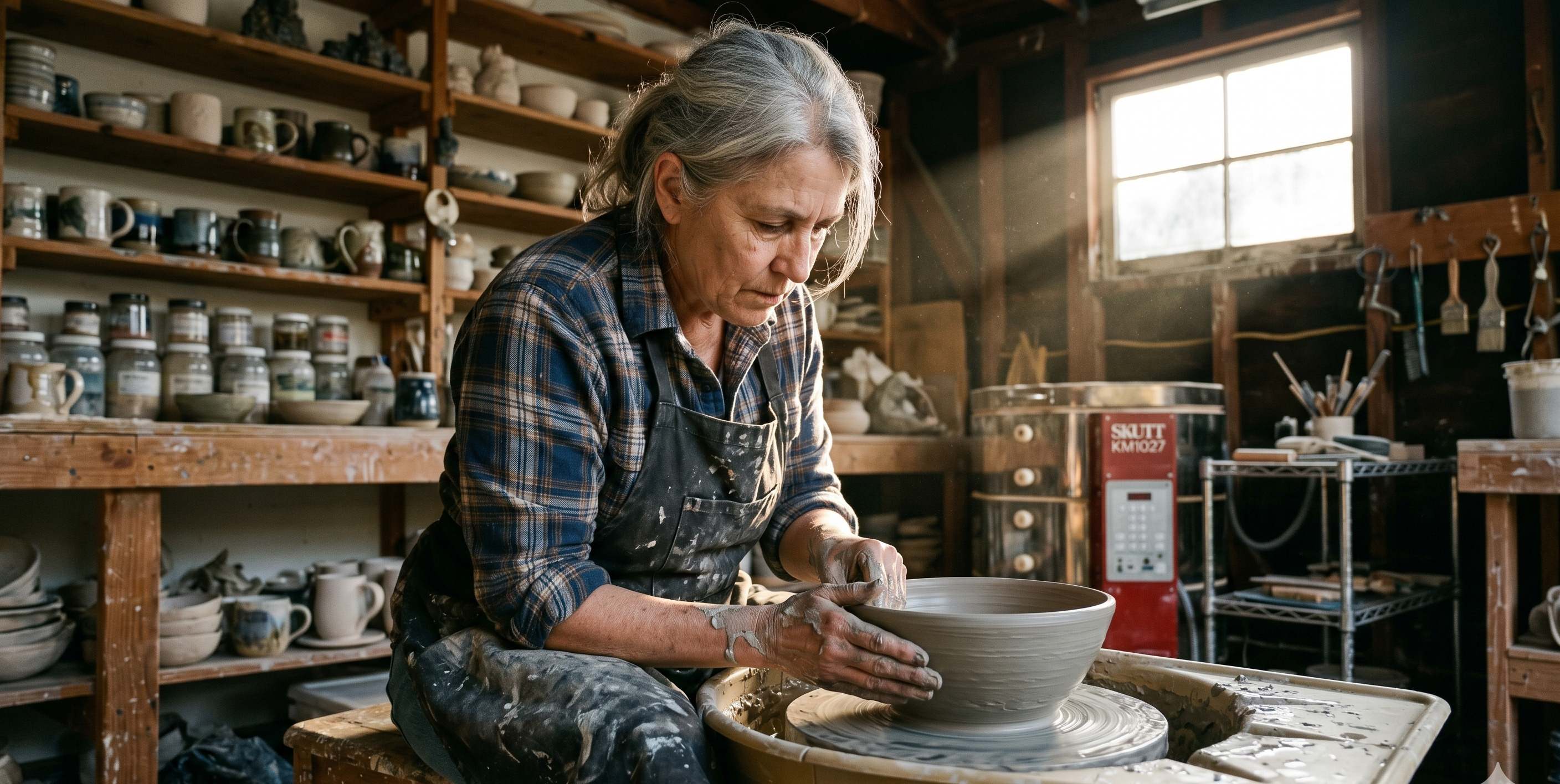 Rose Akiyama at her potter's wheel in the Dogpatch studio, hands shaping the rim of a bowl, late afternoon