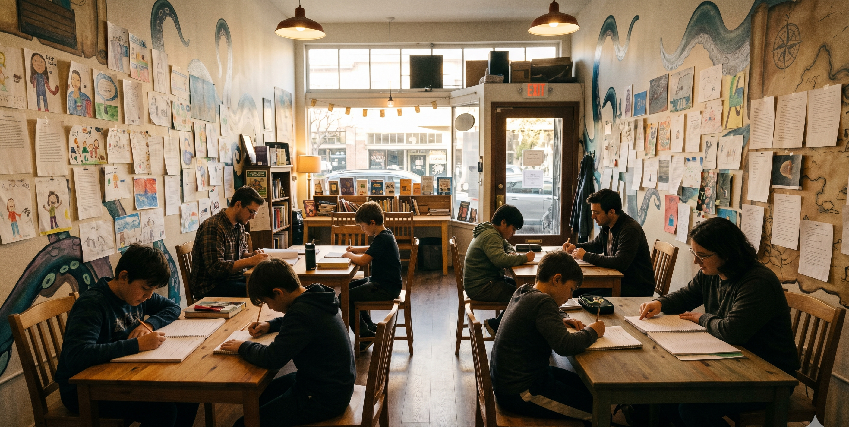 The program director at the long oak tutor table at 826 Valencia, late afternoon, with two students leaning over a worksheet